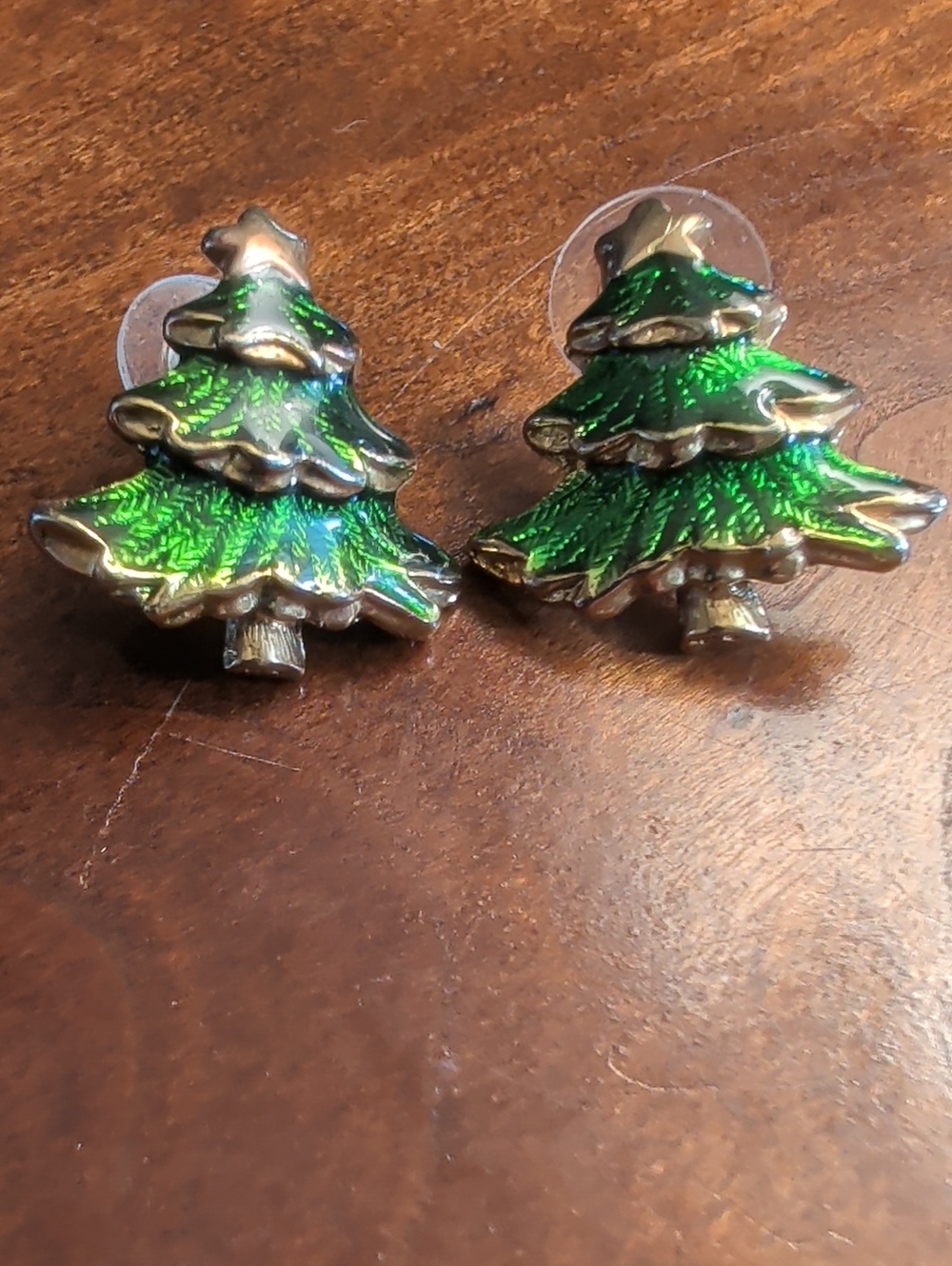 Earrings Vintage Christmas Tree enamel gold plated star solid thick weighty